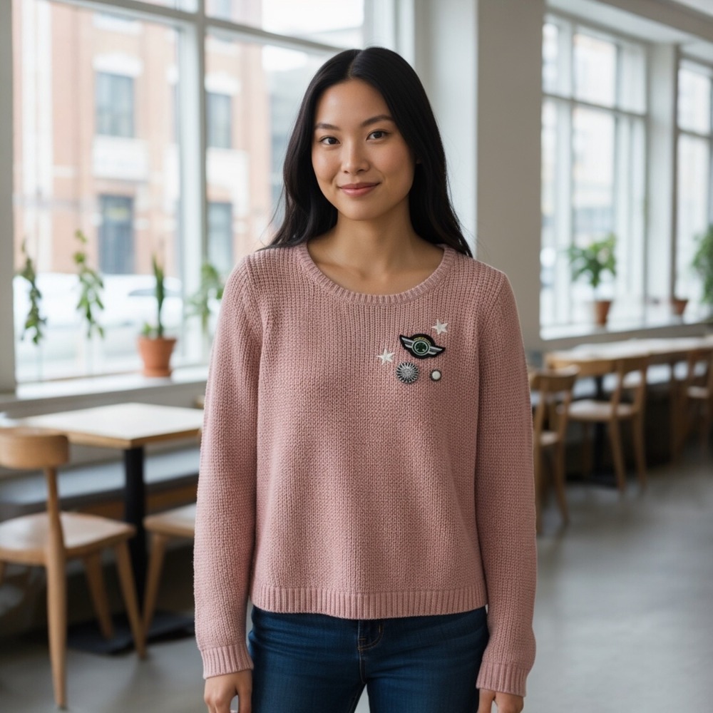 Loft Knit Sweater Embellished Pins Pink Crew‎ Neck Womens Size L Pullover